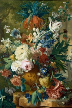  cour - Fleurs dans un vase avec Couronne impériale et fleur de pommier au sommet et une statue Jan van Huysum